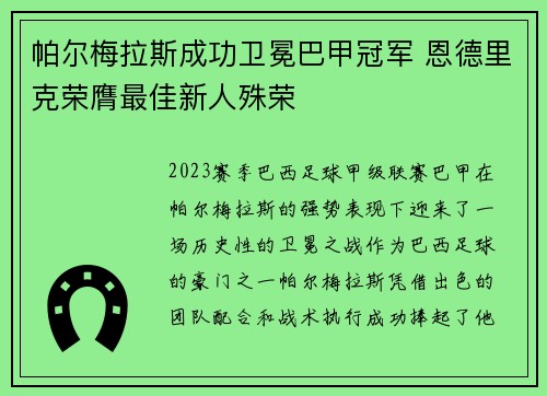帕尔梅拉斯成功卫冕巴甲冠军 恩德里克荣膺最佳新人殊荣