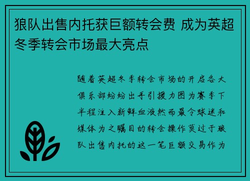 狼队出售内托获巨额转会费 成为英超冬季转会市场最大亮点 狼队出售内托获巨额转会费 成为英超冬季转会市场最大亮点